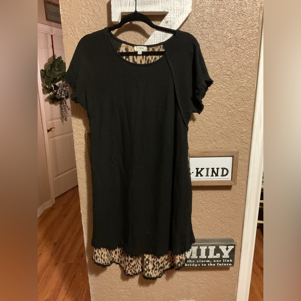 Umgee Black High-Low Dress with Leopard Hem